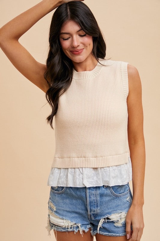 Mix Media Embroidery Layered Rib Sweater Top