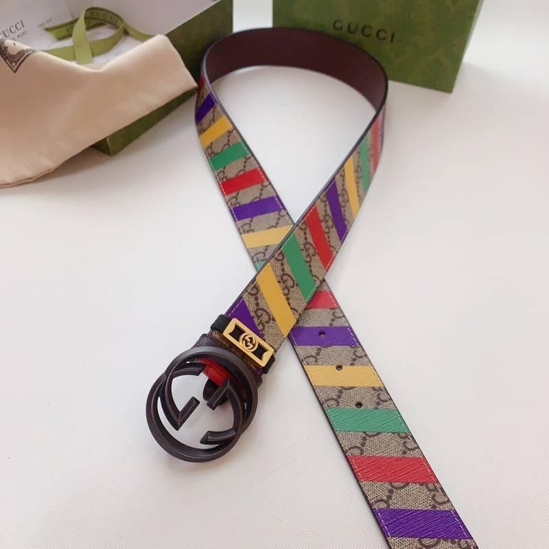 GUCCI Embellished coated-canvas and leather belt &