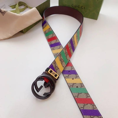GUCCI Embellished coated-canvas and leather belt &