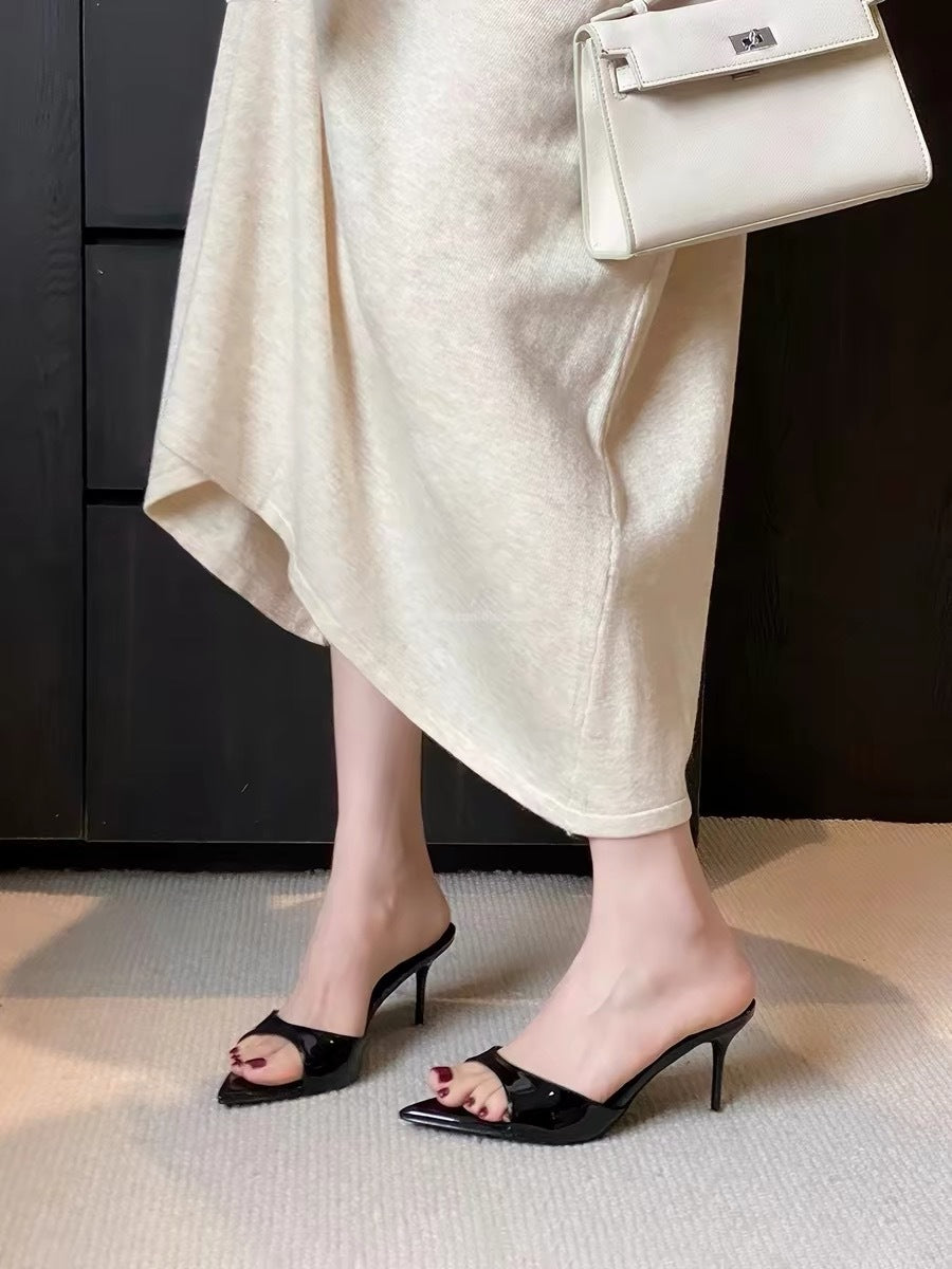Sexy Black Outer Slides Patent Leather Slides