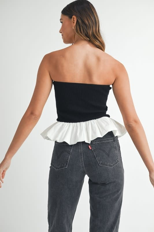 Ribbed Knit Bodice Bubble Peplum Tube Top - Black