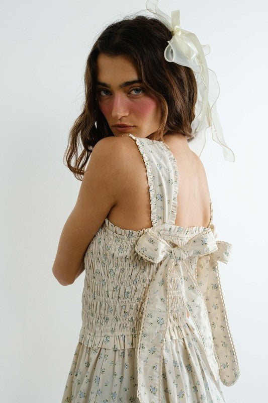 Margot Retro Bow Tie Back Smocked Midi Dress