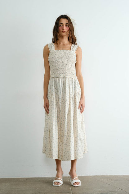 Margot Retro Bow Tie Back Smocked Midi Dress