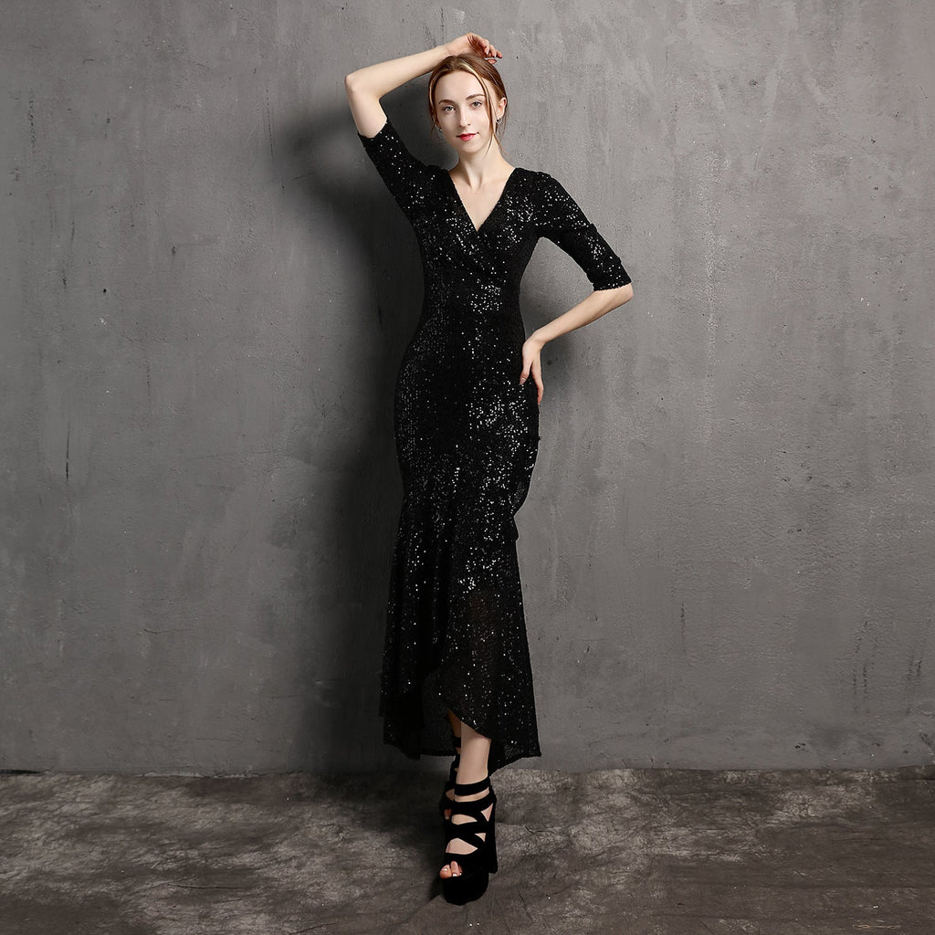 Langarm-V-Ausschnitt Midilanges formelles Kleid Perlenkleid Hochzeitsbankett Partykleid Abendkleid