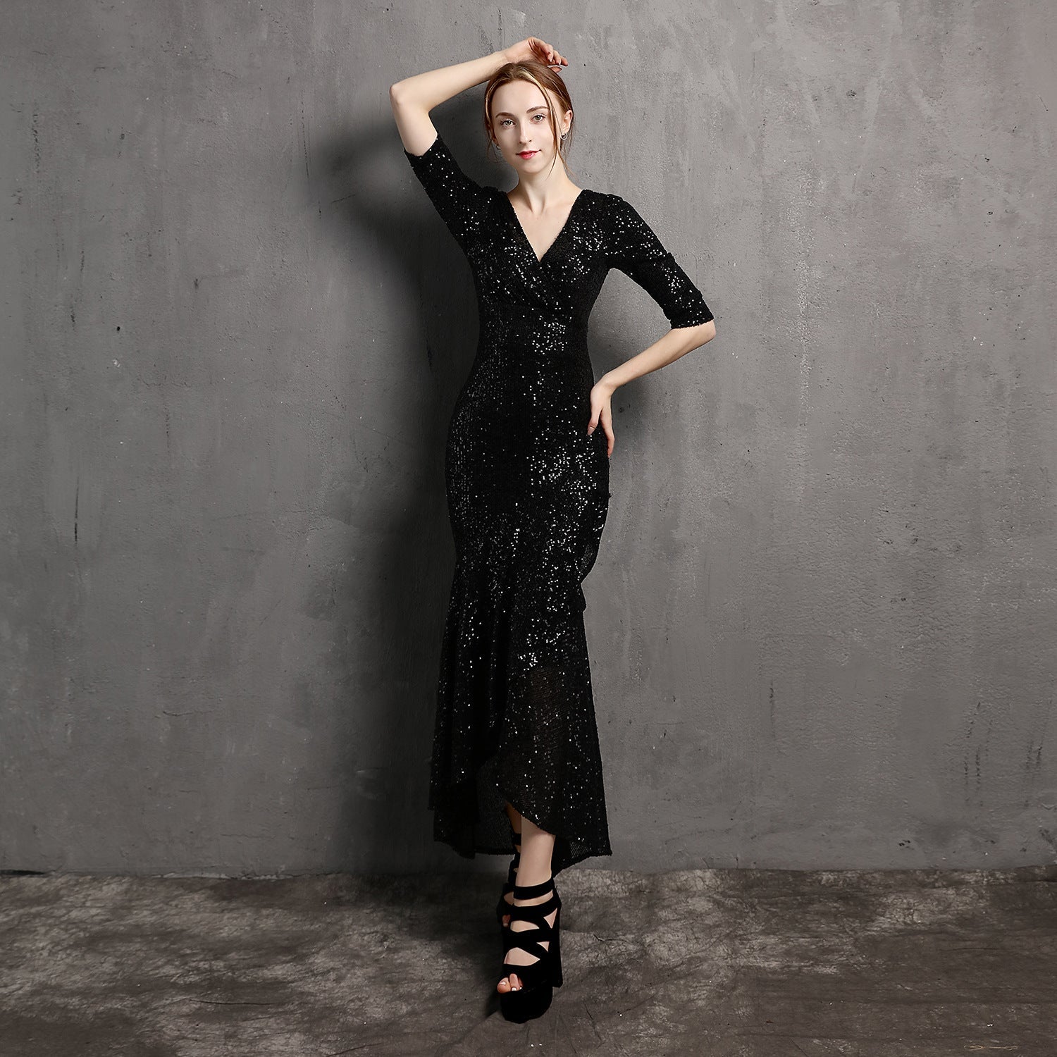Langarm-V-Ausschnitt Midilanges formelles Kleid Perlenkleid Hochzeitsbankett Partykleid Abendkleid