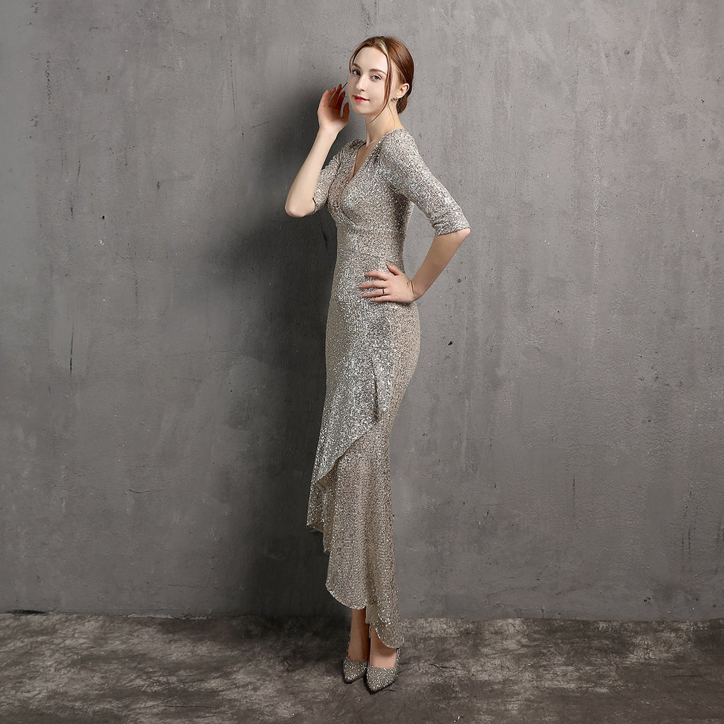 Langarm-V-Ausschnitt Midilanges formelles Kleid Perlenkleid Hochzeitsbankett Partykleid Abendkleid