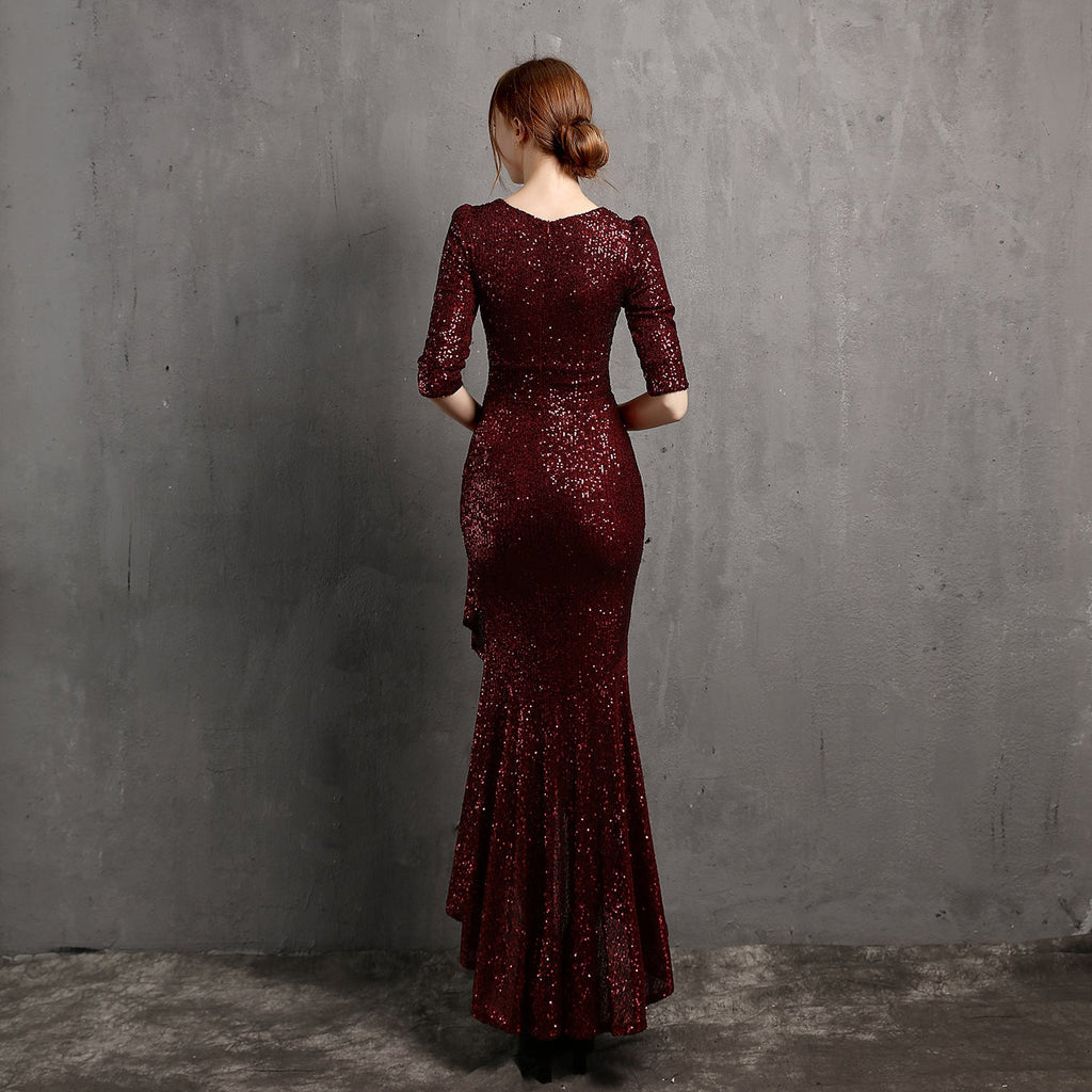 Langarm-V-Ausschnitt Midilanges formelles Kleid Perlenkleid Hochzeitsbankett Partykleid Abendkleid