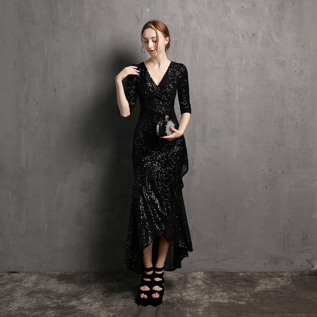 Langarm-V-Ausschnitt Midilanges formelles Kleid Perlenkleid Hochzeitsbankett Partykleid Abendkleid