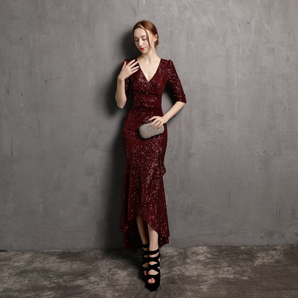 Langarm-V-Ausschnitt Midilanges formelles Kleid Perlenkleid Hochzeitsbankett Partykleid Abendkleid