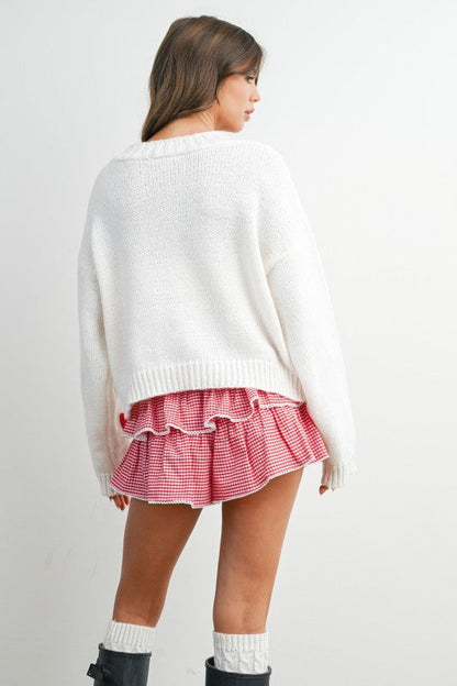 Heart Pattern Cropped V-Neck Cardigan