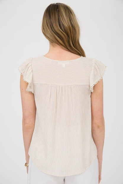 Stripe Lace Yoke Front Tie Short Sleeve Top