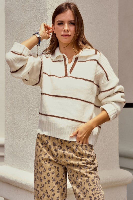 Luxe Relaxed Striped Knit Sweatshirt: Latte