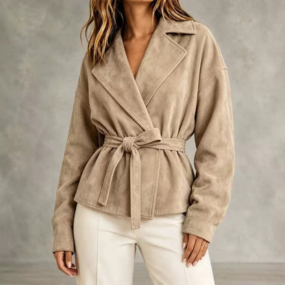 Lapel Suede Lace-Up Short Coat Loose Long Sleeve Jacket