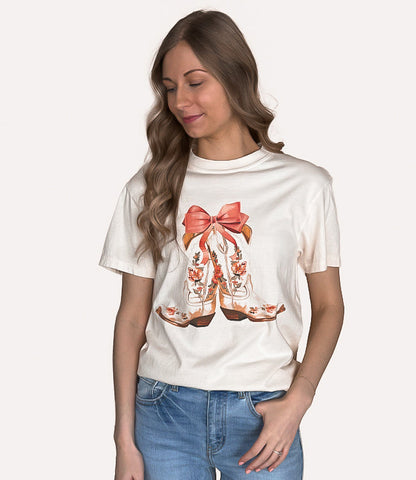 Coquette Bow &amp; Floral Boot Colors Tee - Ivory