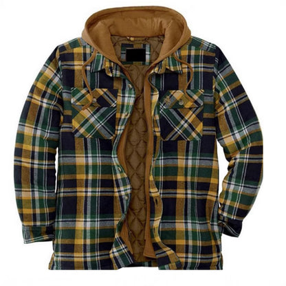 Mens Thickened Plaid Hooded Cotton Coat Long Sleeve Zipper Shirt Jacket