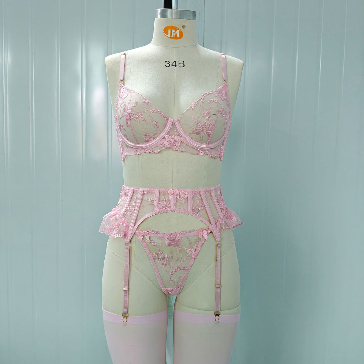 Floral Embroidery Lingerie Set with Garter Belt
