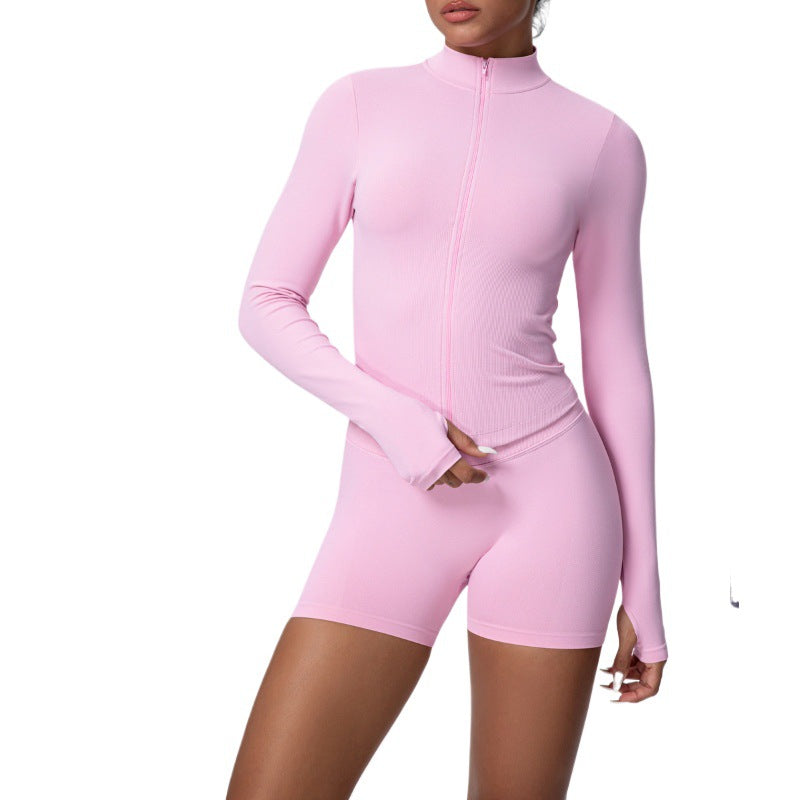 seamless solid color tight high elastic breathable zipper sports suit