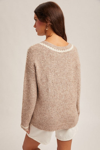 V-neck Sequin Stitch Contrast Sweater Pullover