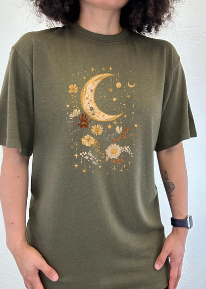 Celestial Moon Boho Flowers Vintage Unisex Bamboo/Cotton Graphic T-Shirt