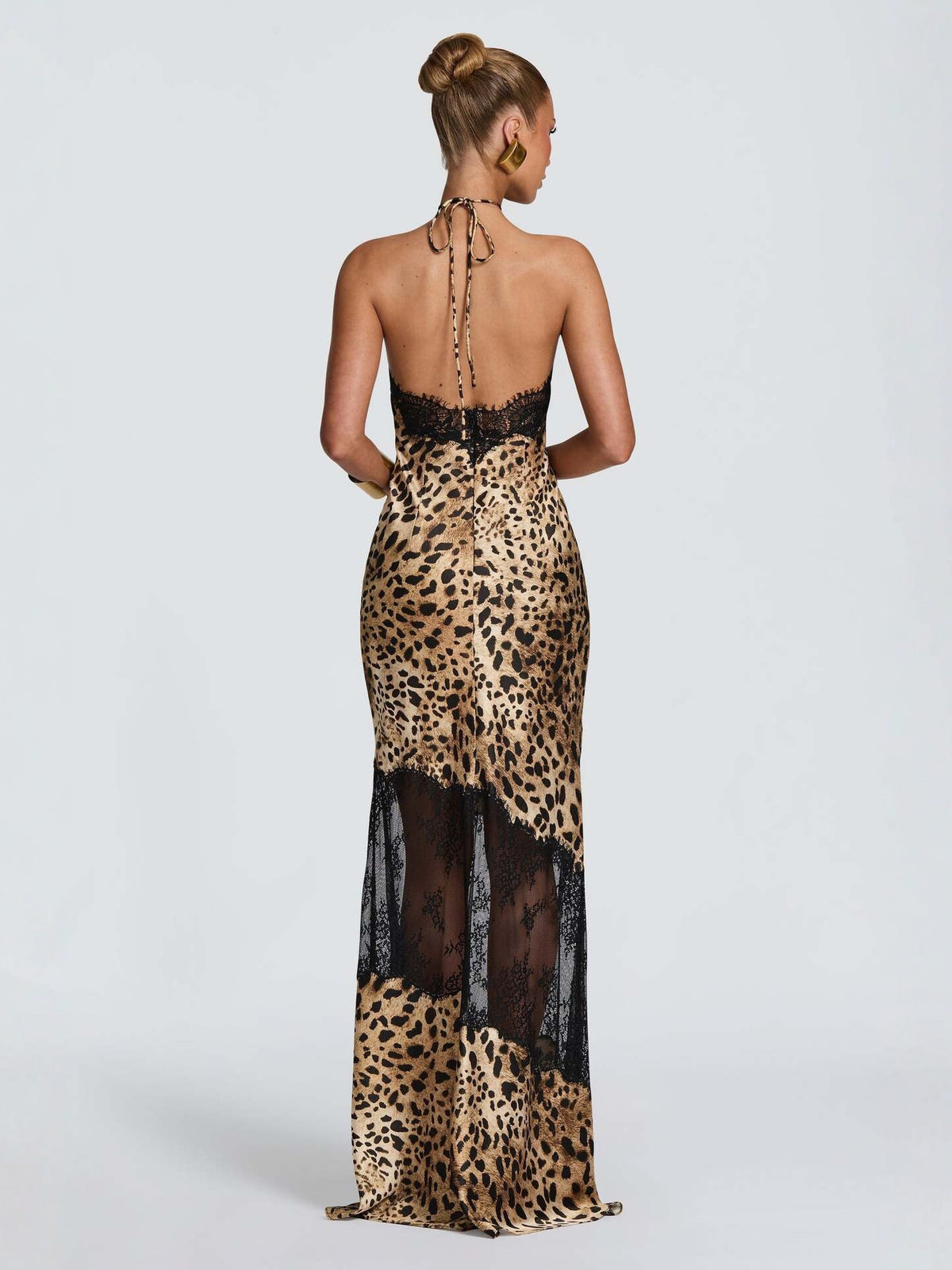 Leopard Print Stitching Lace Deep V Strap Fishtail Dress