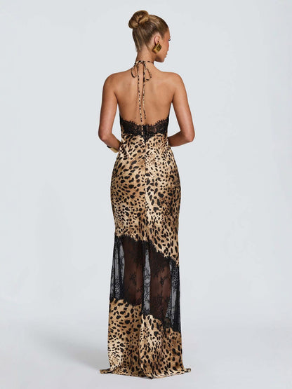 Leopard Print Stitching Lace Deep V Strap Fishtail Dress