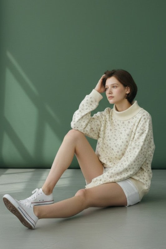 Floral Print Oversized Mock Neck Sweatshirt