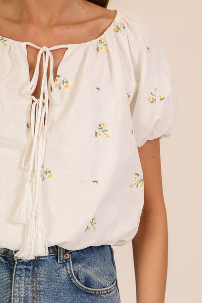 Meadow Bloom Tie-Neck Puff Sleeve Top