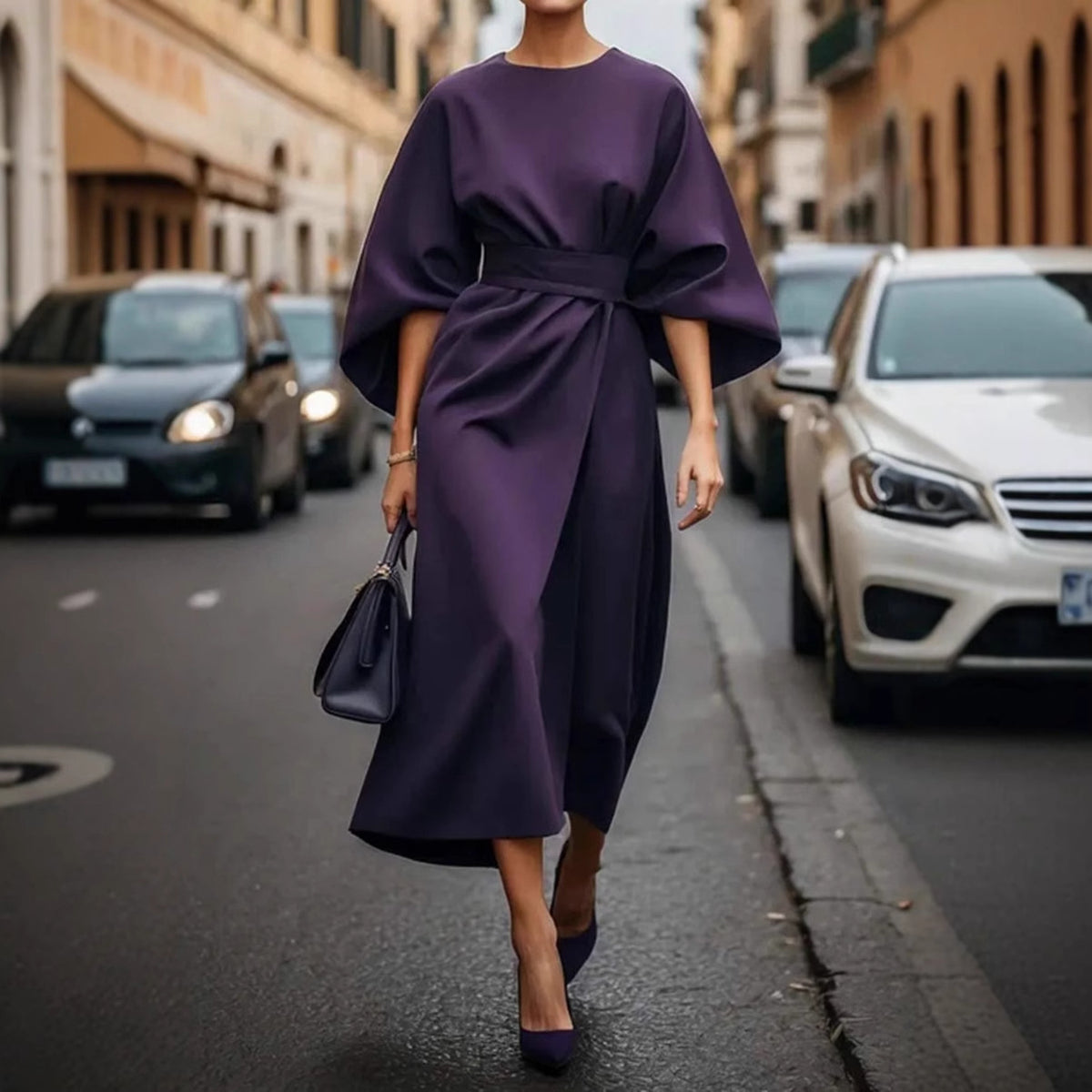 Womens Elegant Solid Color Waist-Cinching Batwing Sleeve Long Dress