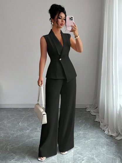 Women Sleeveless Suit and Straight Pants Two Piece Set