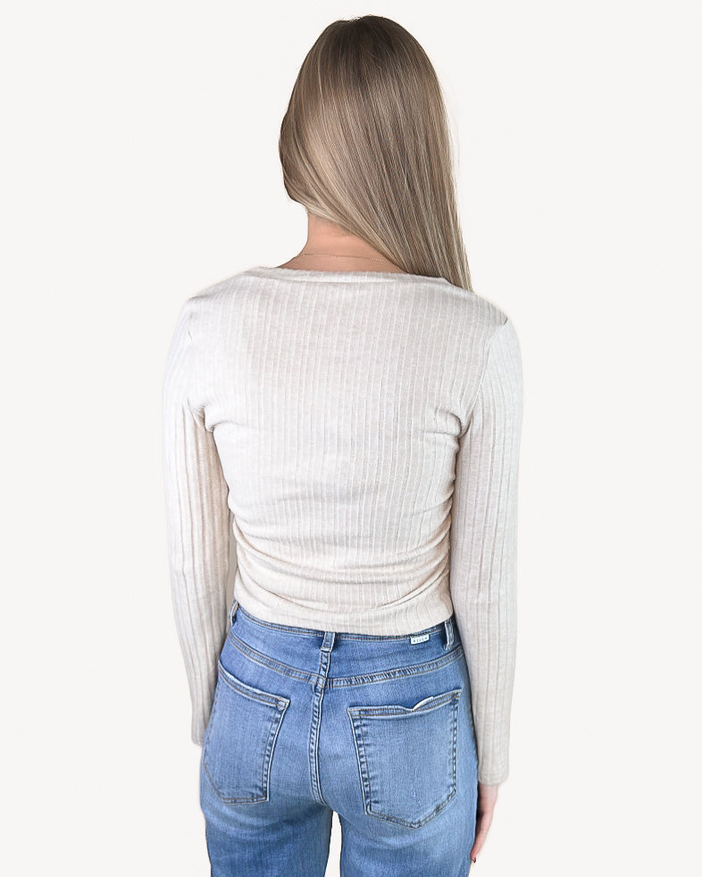 Ribbed V Neck Long Sleeve Top - Apricot