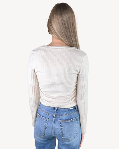 Ribbed V Neck Long Sleeve Top - Apricot
