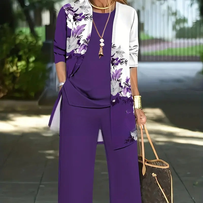 Womens Casual Printed Cardigan Long Sleeve Top and Pants Set