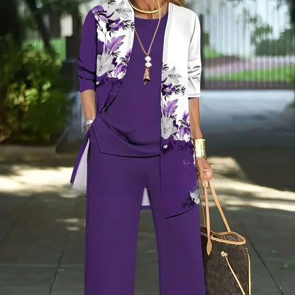 Womens Casual Printed Cardigan Long Sleeve Top and Pants Set