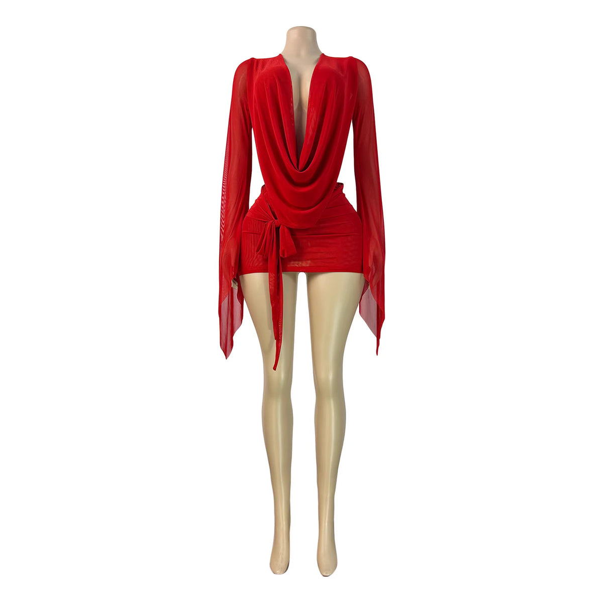 Mesh Deep V-Neck Open Back Bodycon Dress