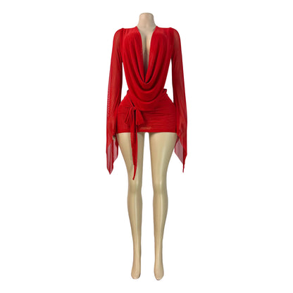 Mesh Deep V-Neck Open Back Bodycon Dress