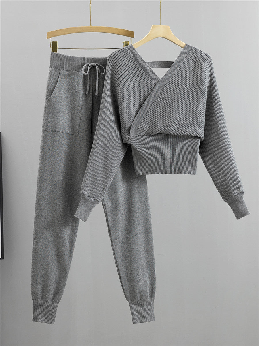 Women Double V Neck Off Shoulder Knitted Two Piece Suit