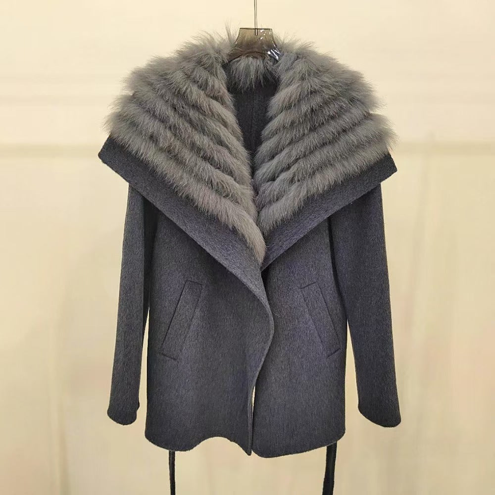 Womens Fox Fur Collar Cashmere Belted Coat
