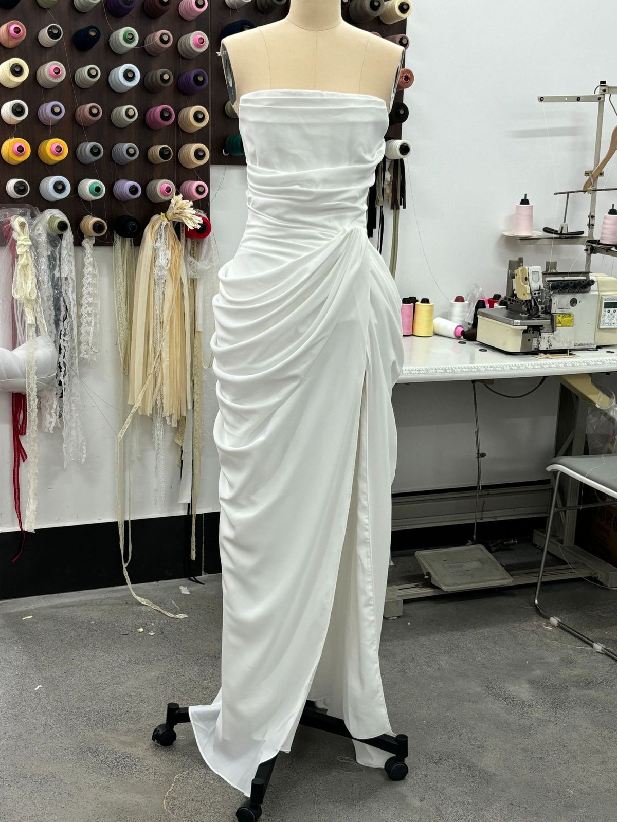 Sexy Slit Ruched Waist Strapless Long Dress