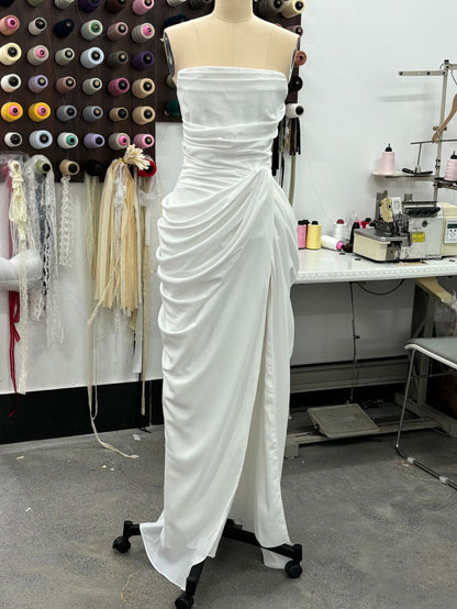 Sexy Slit Ruched Waist Strapless Long Dress
