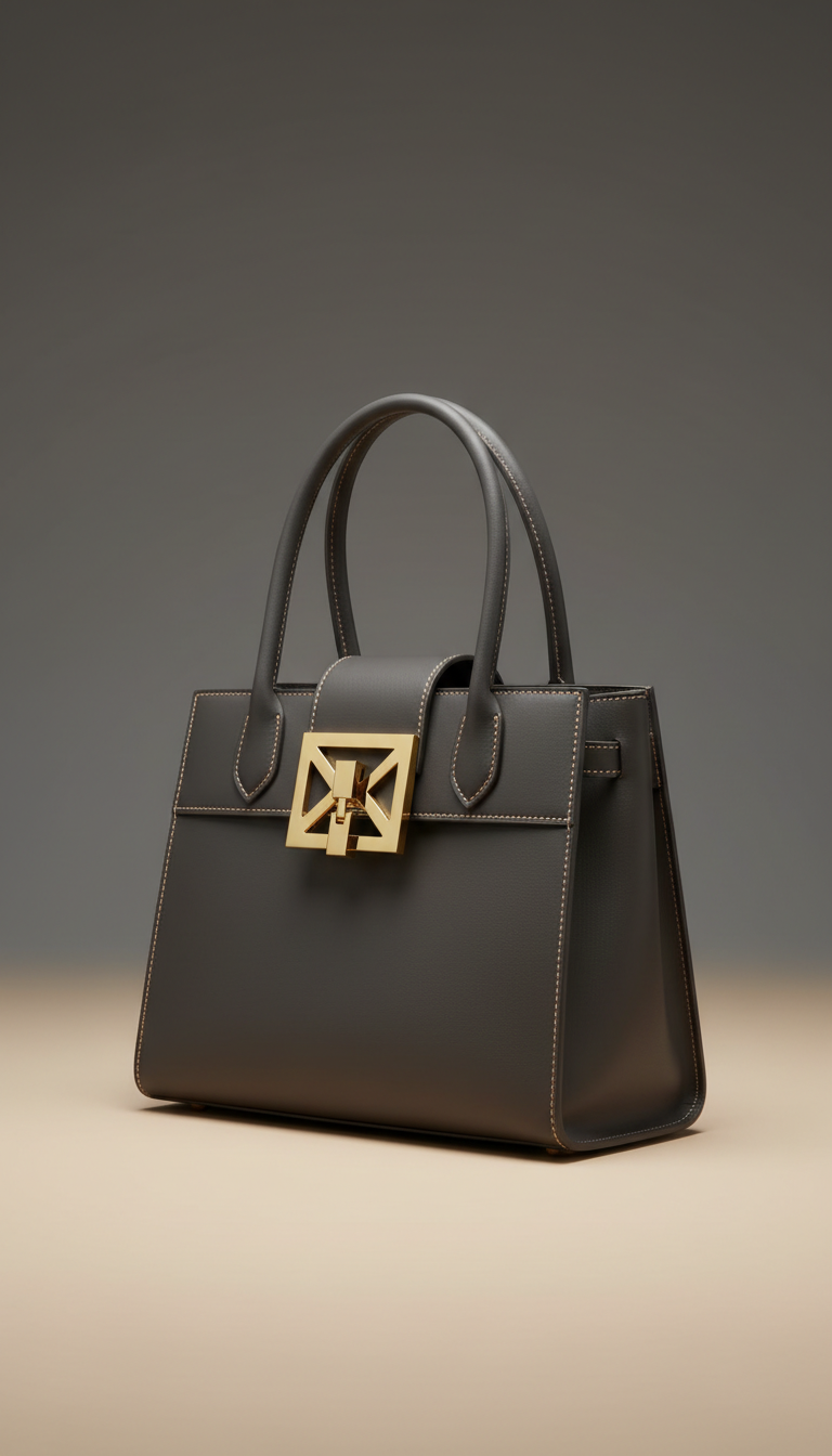 Structured Leather Tote with Gold Clasp