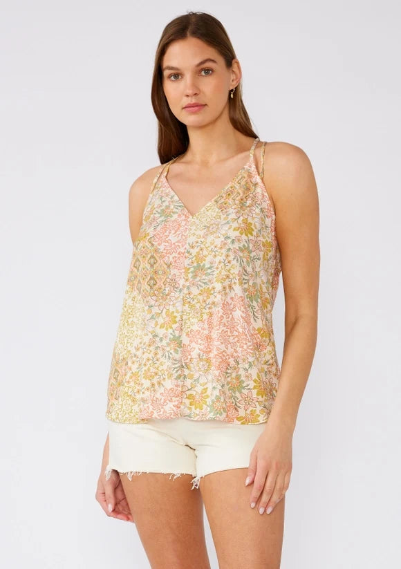 Bohemian Floral V Neck Racerback Tank Top: Dusty Peach/Rust