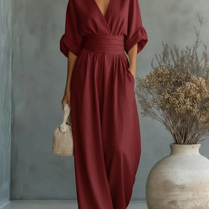 Elegant V Neck Waist Cinching Women Jumpsuit