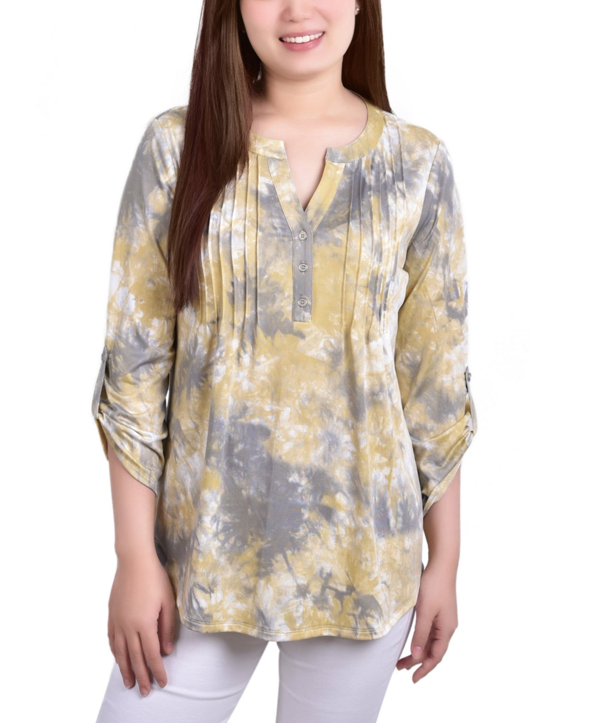 NY Collection Womens 3/4 Roll Tab Sleeve Y-neck Top