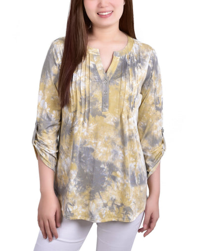 NY Collection Womens 3/4 Roll Tab Sleeve Y-neck Top