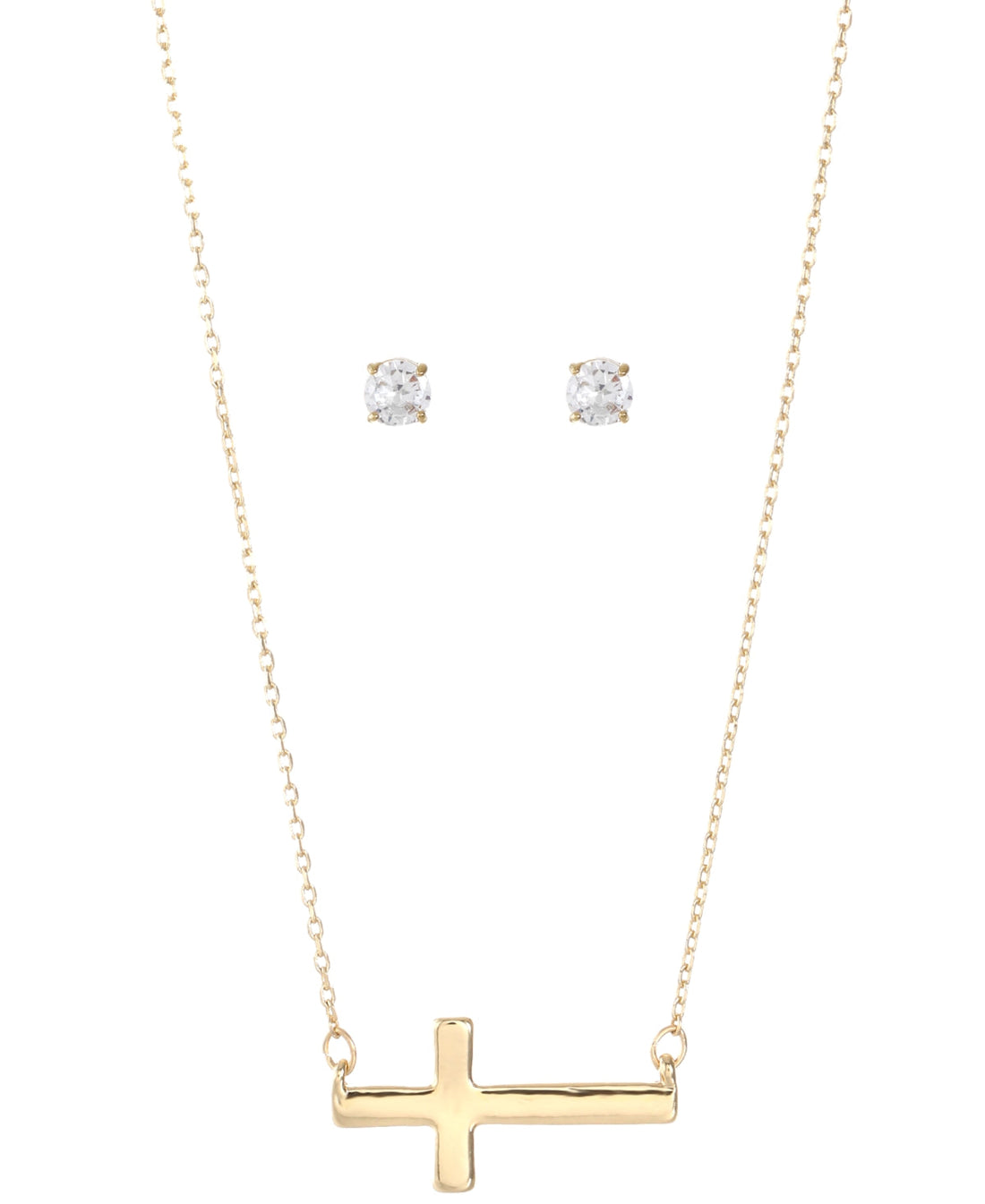 Alfani Gold-Tone Cross Pendant Necklace and Cubic Zirconia Stud Earrings Set