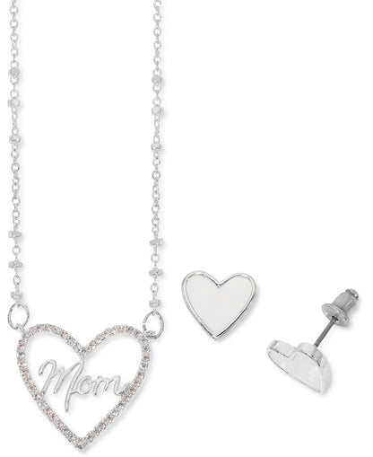 Macys Cubic Zirconia Mom Heart Pendant Necklace and Mother-of-Pearl Earrings