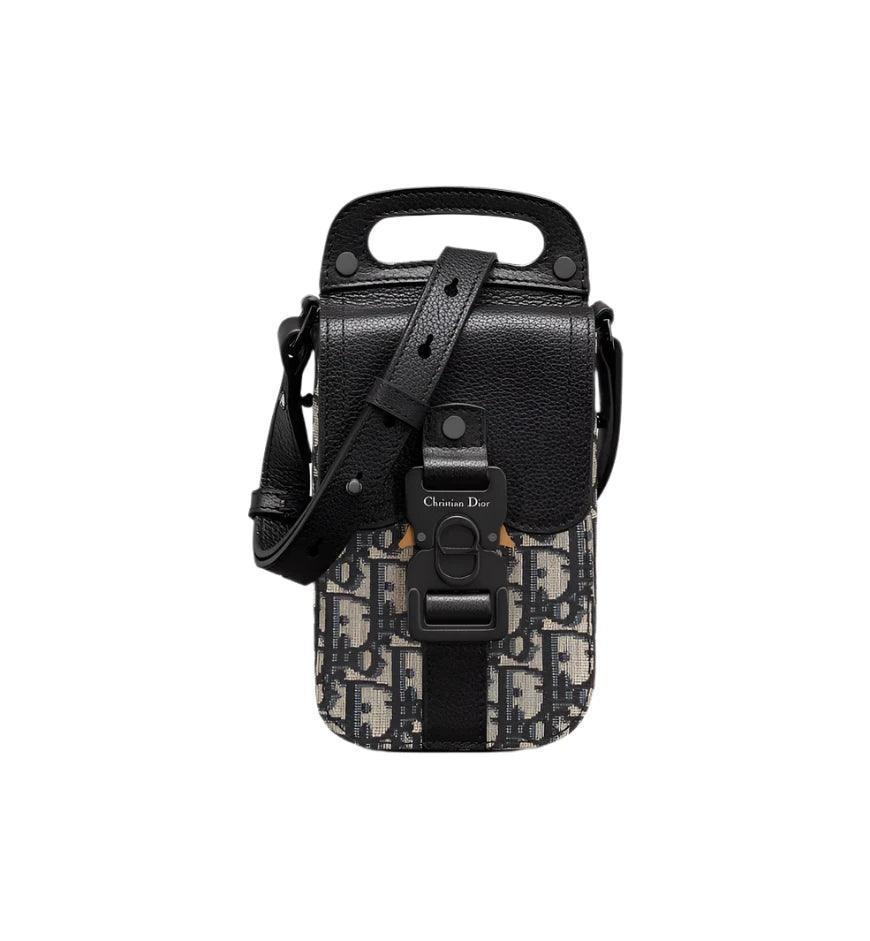Saddle Vertical Pouch with Strap Beige and Black Dior Oblique Jacquard with Black Grained Calfskin