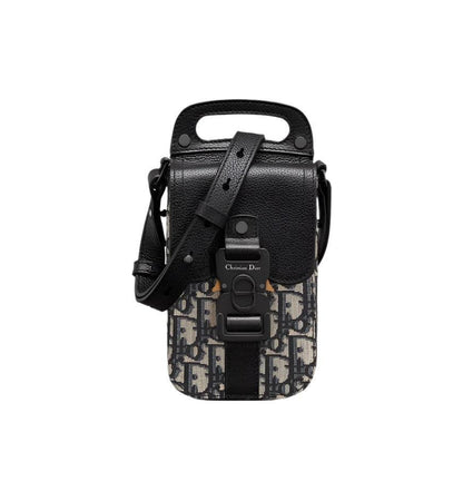 Saddle Vertical Pouch with Strap Beige and Black Dior Oblique Jacquard with Black Grained Calfskin