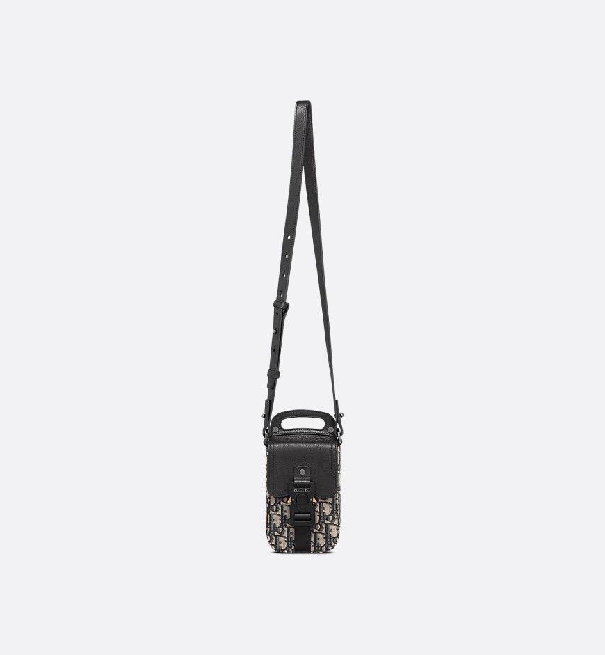 Saddle Vertical Pouch with Strap Beige and Black Dior Oblique Jacquard with Black Grained Calfskin