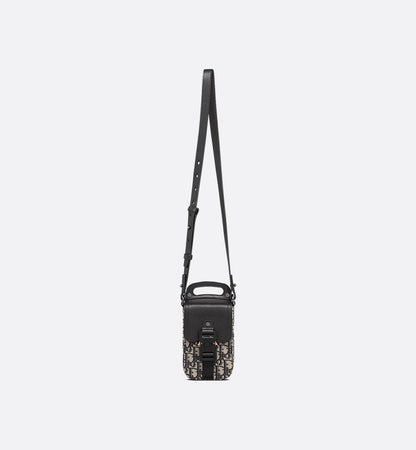 Saddle Vertical Pouch with Strap Beige and Black Dior Oblique Jacquard with Black Grained Calfskin